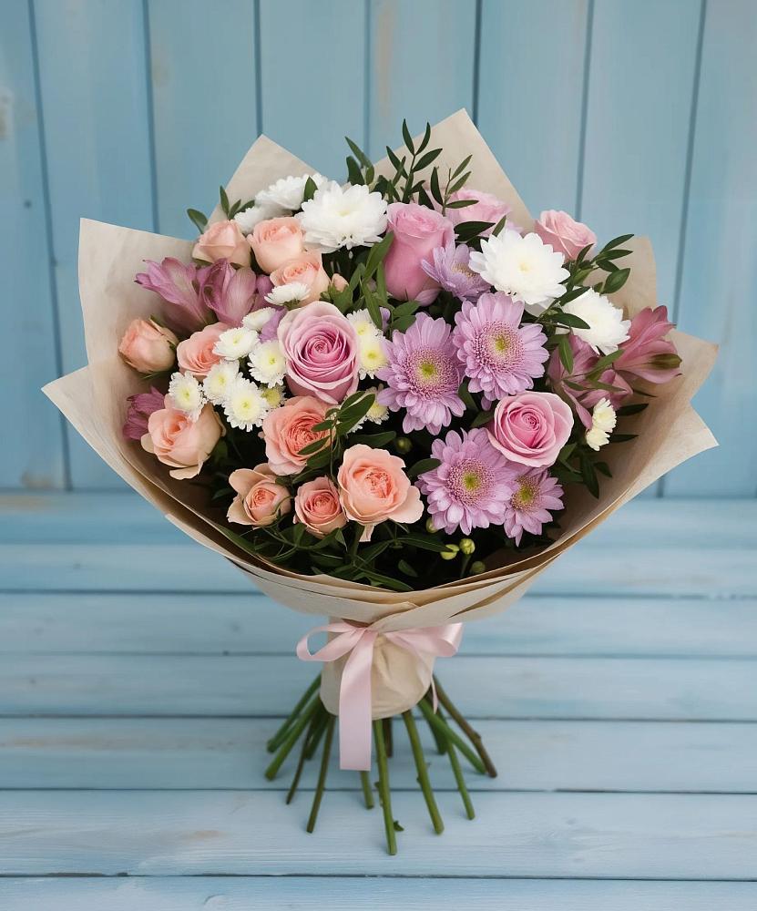 Букет цветов из: Хризантемы, Розы и Альстромерии в Алексеевской Краснодарского края